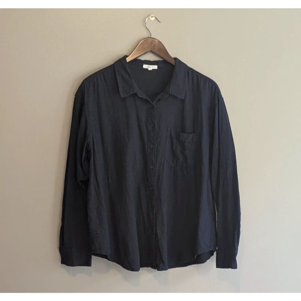 Maurices Linen Blend Shirt Womens L Navy Blue Long Sleeve Button Down Blouse Top